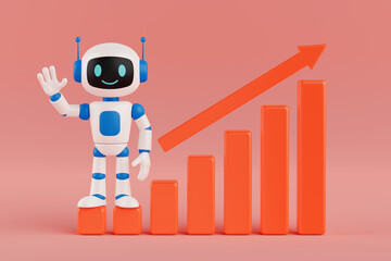 AI Growth And Technology Progress Concept. Smiling AI Robot Character With Rising Bar Graph. 3d Rendering