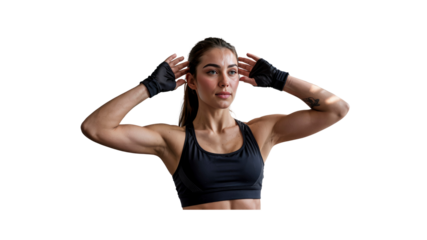 Strong and Confident Female Athlete in Black Sports Bra, Stretching and Exercising