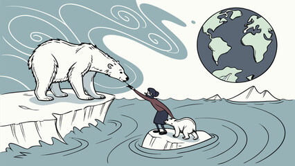 Climate Change: A Woman Helps Polar Bears on Melting Ice Floes, Illustrative Style, Environmental Concern, Hopeful Mood, Global Warming Awareness.