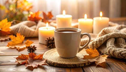 Cozy Autumn Setting with Candlelight and Coffee