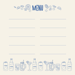 Menu layout with illustrations of drinks and sections for beverages and desserts