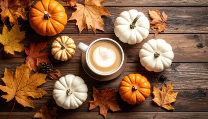 Autumn Coffee with Pumpkins and Leaves