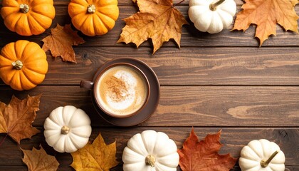 Fototapeta premium Autumn Coffee with Pumpkins and Leaves on Wooden Table