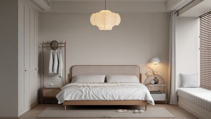 Modern Minimalist Bedroom Interior Frame Poster Mockup – 3D Rendering