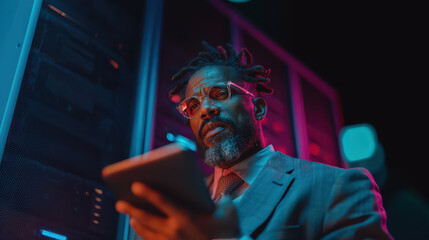 Obraz premium An african man working in server room with a tablet in his hands. The man wears glasses and a suit, and the scene is illuminated by neon lights.