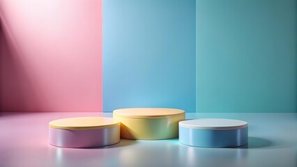 Three pastelcolored round podiums stand on a clean background in a minimalist studio setting