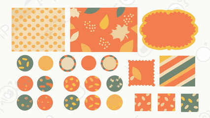 Fototapeta premium Collection of autumn themed patterned shapes including circles squares and rectangles on a white background silhouette