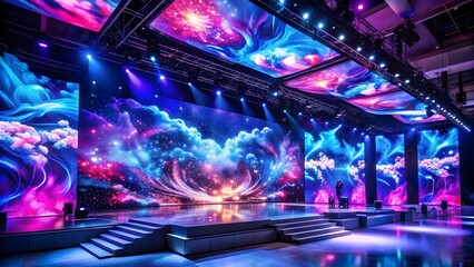A futuristic stage with large led screens displaying a vibrant galaxy design