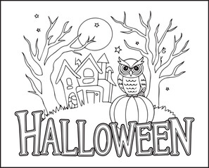 Halloween coloring page with spooky elements and hand-drawn doodle vector outline illustration