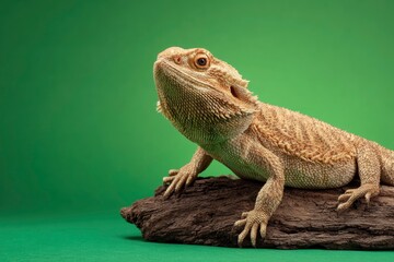 Fototapeta premium A bearded dragon sits on a piece of wood against a green background
