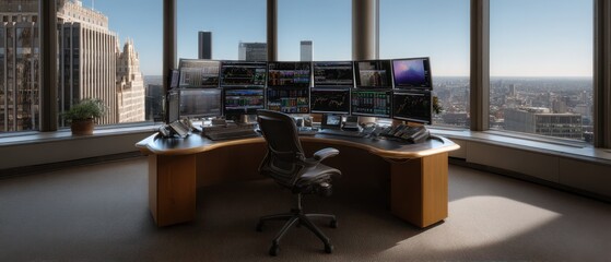 Modern investment banker workspace with bloomberg terminal overlooking city skyline
