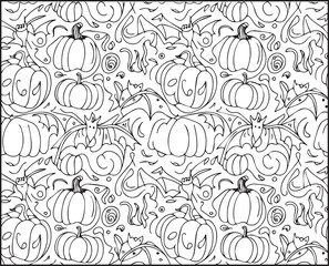 Halloween coloring page with spooky elements and hand-drawn doodle vector outline illustration