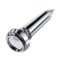 A close up shot showcasing a shiny metal pin with a flat round head against a white background space