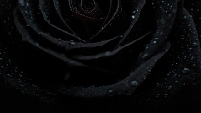 Closeup of a black rose covered in water droplets
