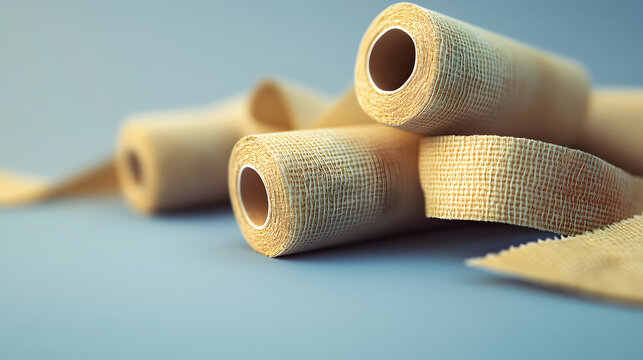 vendas o gasas de suministros medicos de hospital para tratamientos de vendajes de lesiones y heridas en pacientes enfermos seguridad y soporte sobre un fondo zul 