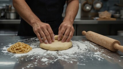 Strong adult hands pressing and folding fresh noodle dough on the kitchen table