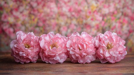 Fototapeta premium Row of pink blooms with soft floral background