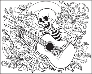Halloween coloring page with spooky elements and hand-drawn doodle vector outline illustration