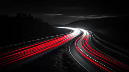 Red and white light trails on a winding highway at night