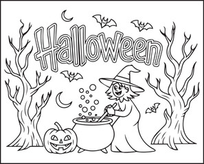 Halloween coloring page with spooky elements and hand-drawn doodle vector outline illustration