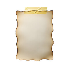 A blank piece of old, burnt parchment paper taped up with yellow tape, isolated on transparent background.