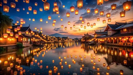 Hundreds of glowing lanterns illuminate the night sky over a tranquil asian city