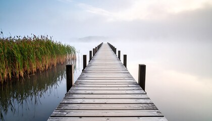 Naklejka premium Misty wooden pier extends into tranquil lake