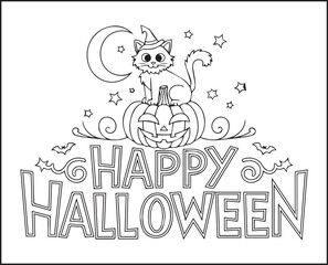 Halloween coloring page with spooky elements and hand-drawn doodle vector outline illustration