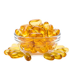 A glass bowl filled with golden omega 3 fish oil supplement capsules isolated on transparent background.