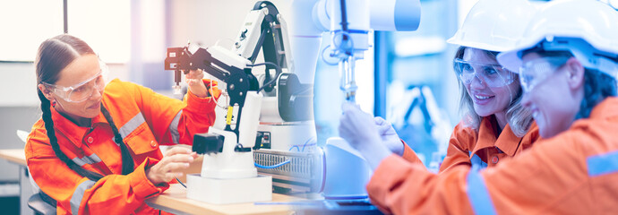 Female engineers checking or maintenance electronic in AI Robot, robot arm in the manufacturing...