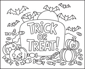 Halloween coloring page with spooky elements and hand-drawn doodle vector outline illustration