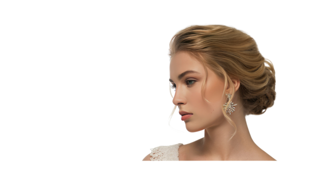 Elegant Blonde Woman with Updo Hairstyle and Delicate Earrings