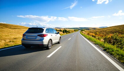 Silver car on a country road