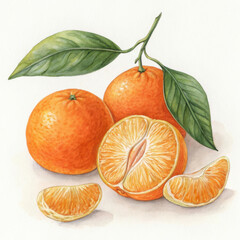 Watercolor painting of ripe tangerines with leaves and segments on white background