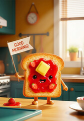 Good morning toast with strawberry jam and butter breakfast in kitchen cute cartoon food illustration