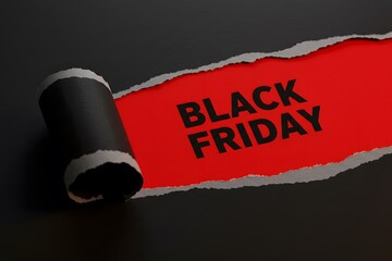 a black torn paper revealing the BLACK FRIDAY in bold black letters on a red background. Top view of Black torn paper and the text black Friday on a red background, Black Friday.