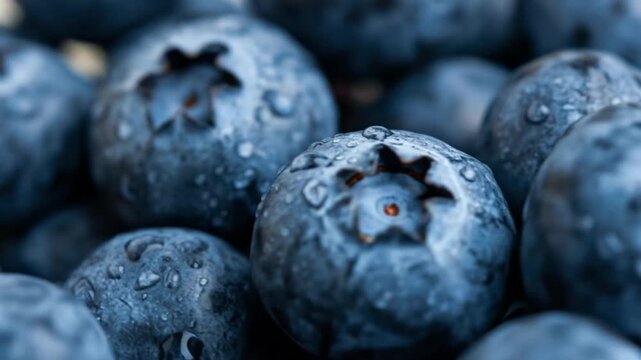 Closeup of wet blue blueberries with a distinct starshaped pattern densely packed together