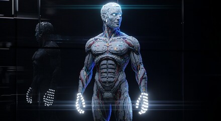 Futuristic Robot Humanoid with Glowing Hands in Dark Setting