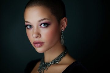 A beautiful high-fashion portrait of a woman with a shaved head