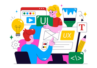Ui Ux Design Vector Illustration Featuring Application and Software Website Development with App Coding in a Flat Style Cartoon Background