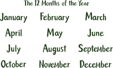 手書き英語月名セット（12ヶ月）カジュアルタッチ｜グリーン