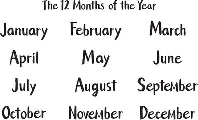 手書き英語月名セット（12ヶ月）カジュアルタッチ｜黒