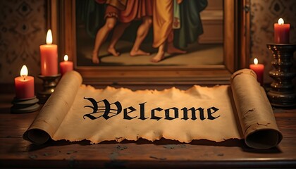 A parchment scroll with the word "Welcome" sits before a painting, lit by candles.
