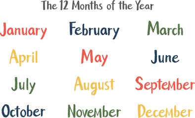 手書き英語月名セット（12ヶ月）カジュアルタッチ｜アウトドアカラー