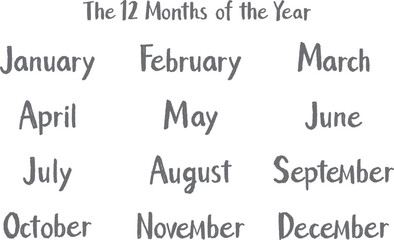 手書き英語月名セット（12ヶ月）カジュアルタッチ｜グレー