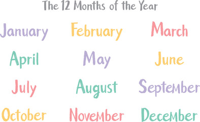 手書き英語月名セット（12ヶ月）カジュアルタッチ｜パステルカラー