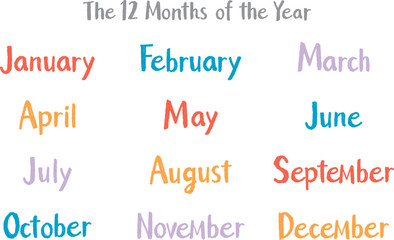 手書き英語月名セット（12ヶ月）カジュアルタッチ｜ポップ