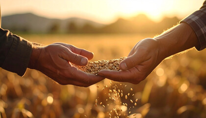 Hands of Harvest: Close-up of farmers hands sharing grains under the warm sunset light, a symbol of agricultural collaboration, and abundance.