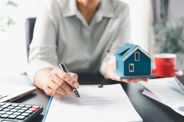 Real estate agent agree to buy home to clients agency office. House model, real estate agent,...