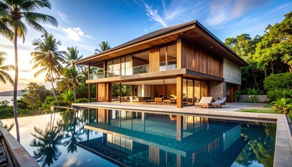 Fototapeta premium A contemporary tropical architectural house with a wide, sloping roof and textured natural walls, featuring open wooden louvered windows. An infinity pool reflects the clear blue sky and lush palm tre